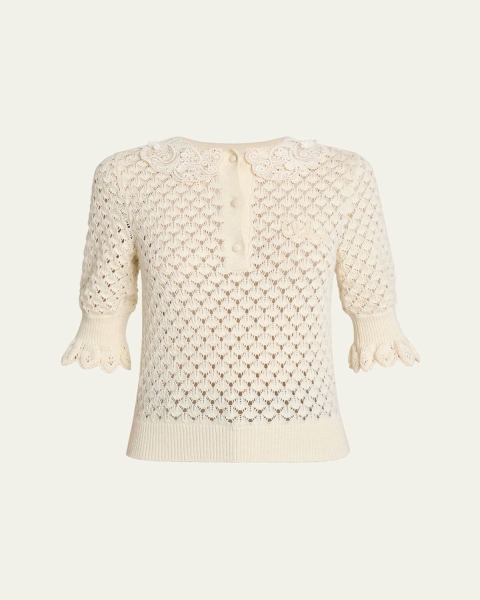 Lace-Collar Open Knit Polo Top